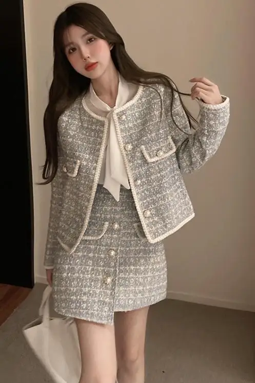 ジャケット・アウター tweed over jacket / mini skirt Women's Tweed Jacket Skirts Suit 2024 Autumn O-neck Long