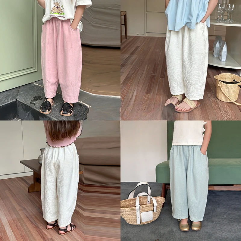 Girl Pant Children Pants 2024 Summer Girls Korean Style New Fashion Solid Summer Loose Thin Acetate Fleece Casual Pants