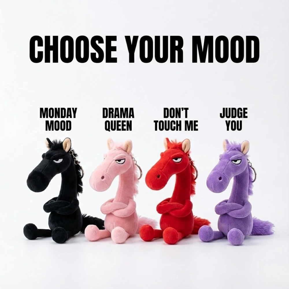 Whimsical Plush Horse Keychain – Sassy Pony Bag Charm with Grumpy Face