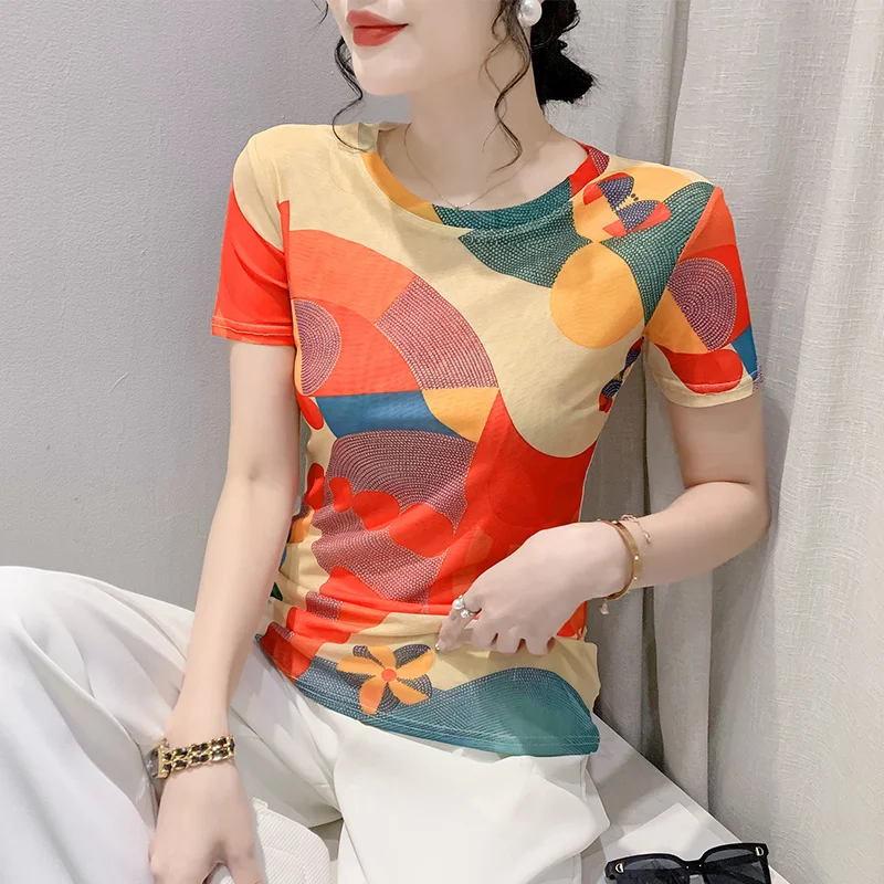 

#5774 Summer Short Sleeve T Shirt Women Thin Printed T Shirt Femme Elastic Mesh T-shirt O-neck Sexy Streetwear Tshirt O-neck