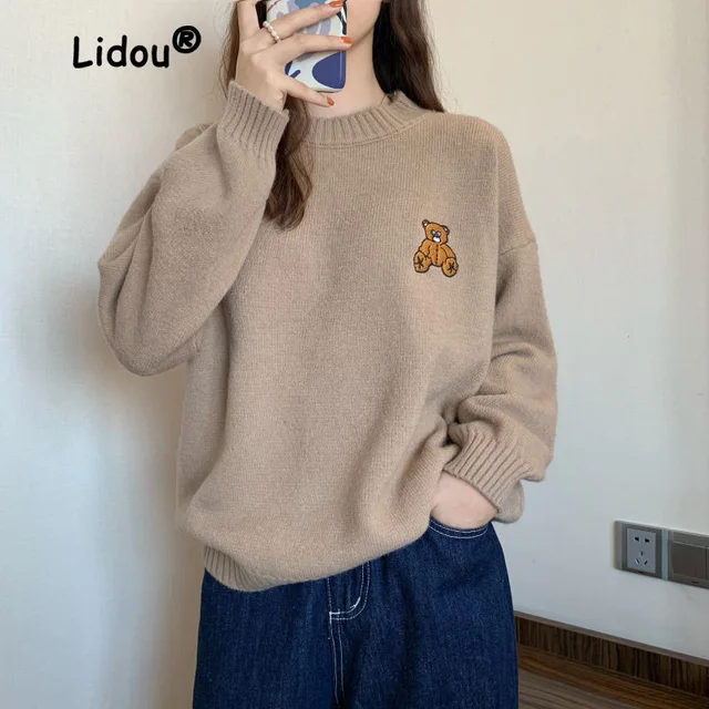 Autumn Winter Fashion Solid Color Bear Sweaters New Long Sleeve All-match O-collar Casual Loose Bottoming Knitting Shirt 2022 1