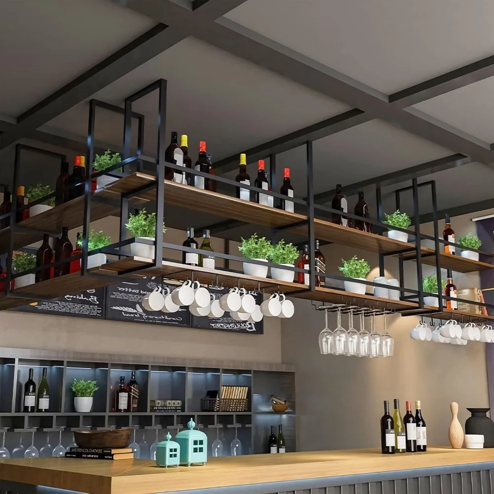 Ceiling Wine Glass Rack - 55.1in Hanging Wine Rack with Glass Holder and Shelf, 2 Layer Industrial Hanging Wine Bottle Holder 3