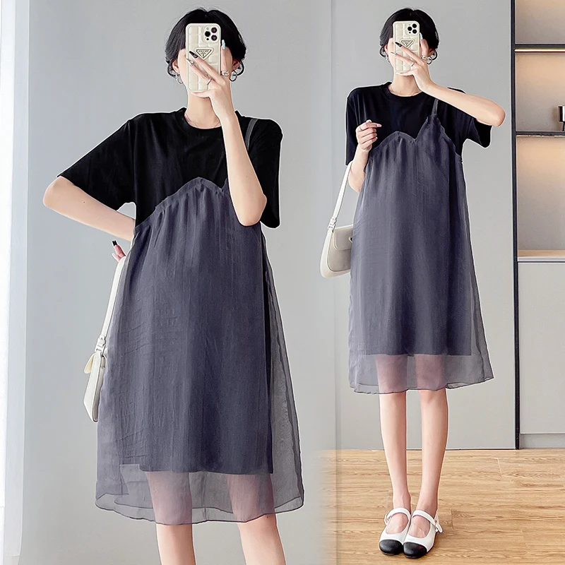 Summer Maternity Mesh Dress Faux Two Pieces Short Sleeve O-Neck Block Color Patchwork Pregnant Woman Knee-length Dress Elegant