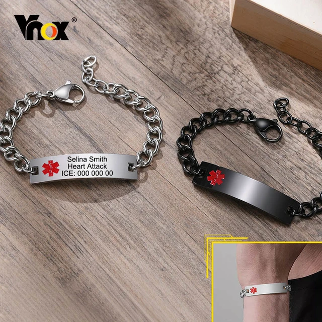 Amazon.com: Lam Hub Fong Emergency Medical Alert Bracelets for Women Men  Medical ID Bracelets 7.5 to 9.5 Inches Titanium Steel Bracelet for Women Men  (Black-7 inches) : Health & Household