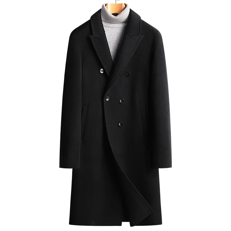 

Wool Woolen Coat Men's Autumn Winter Business Leisure Double Breasted Double-Side Black Over The Knee Trench