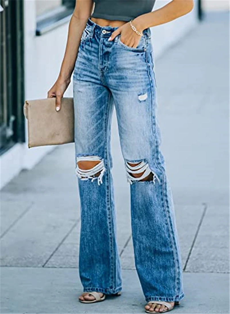 

High Waist Autumn New Retro Flared Pants Loose Casual Ripped blue Wide Leg Pants Straight Leg Jeans Women's Street Pants