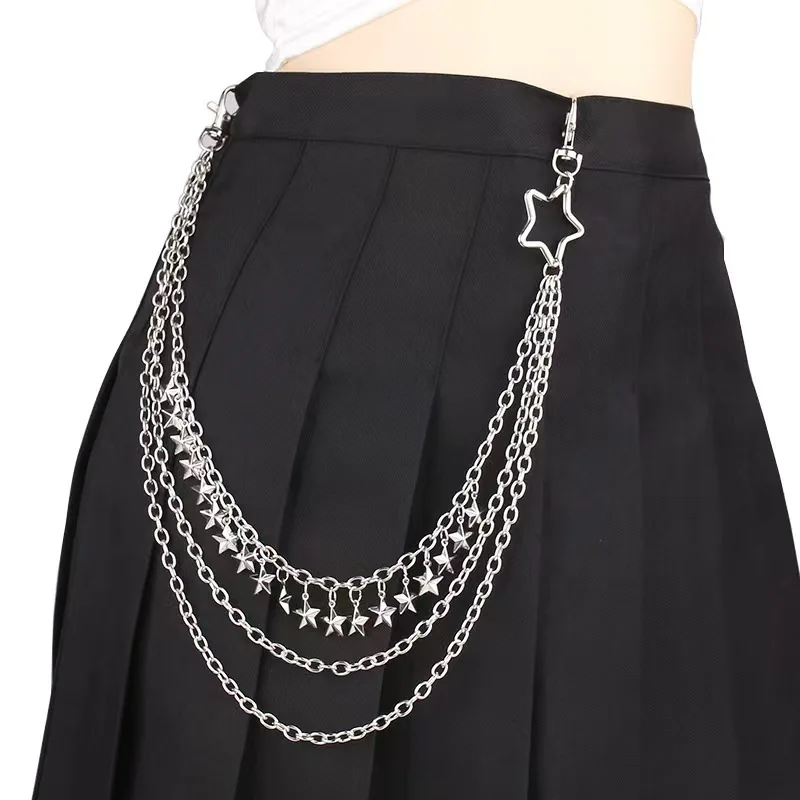 Hip Hop Punk Pentagram Biker Jeans Link Pants Keychain Women Belt Key Chain Three Layers Trousers Waist Chain Female Jewelry