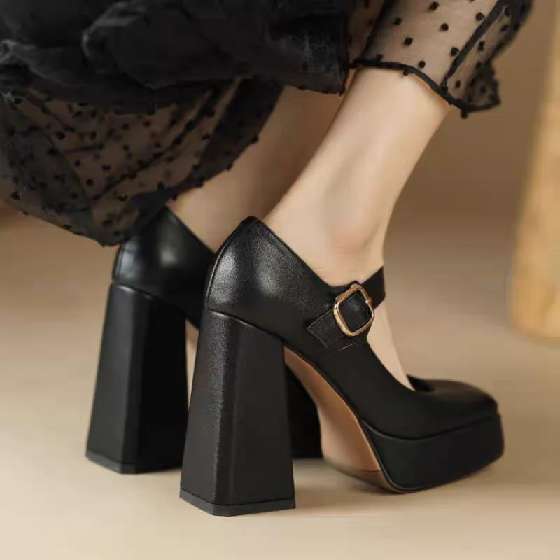 2024 New Spring Fashion Simplicity Heels Waterproof Genuine Leather Square Toe Pumps Sexy Buckle New Chunky Heels Fashion Casual