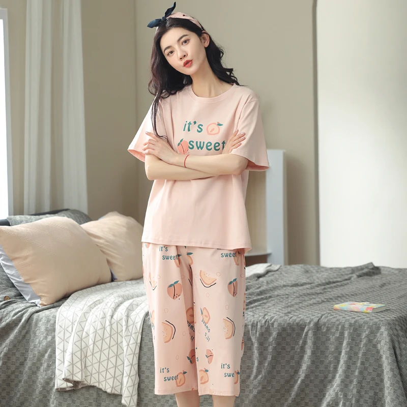 MiiOW KY-7030 Women's Pajamas 2-Piece Cute Print Short Sleeve Shorts Summer Sleepwear
