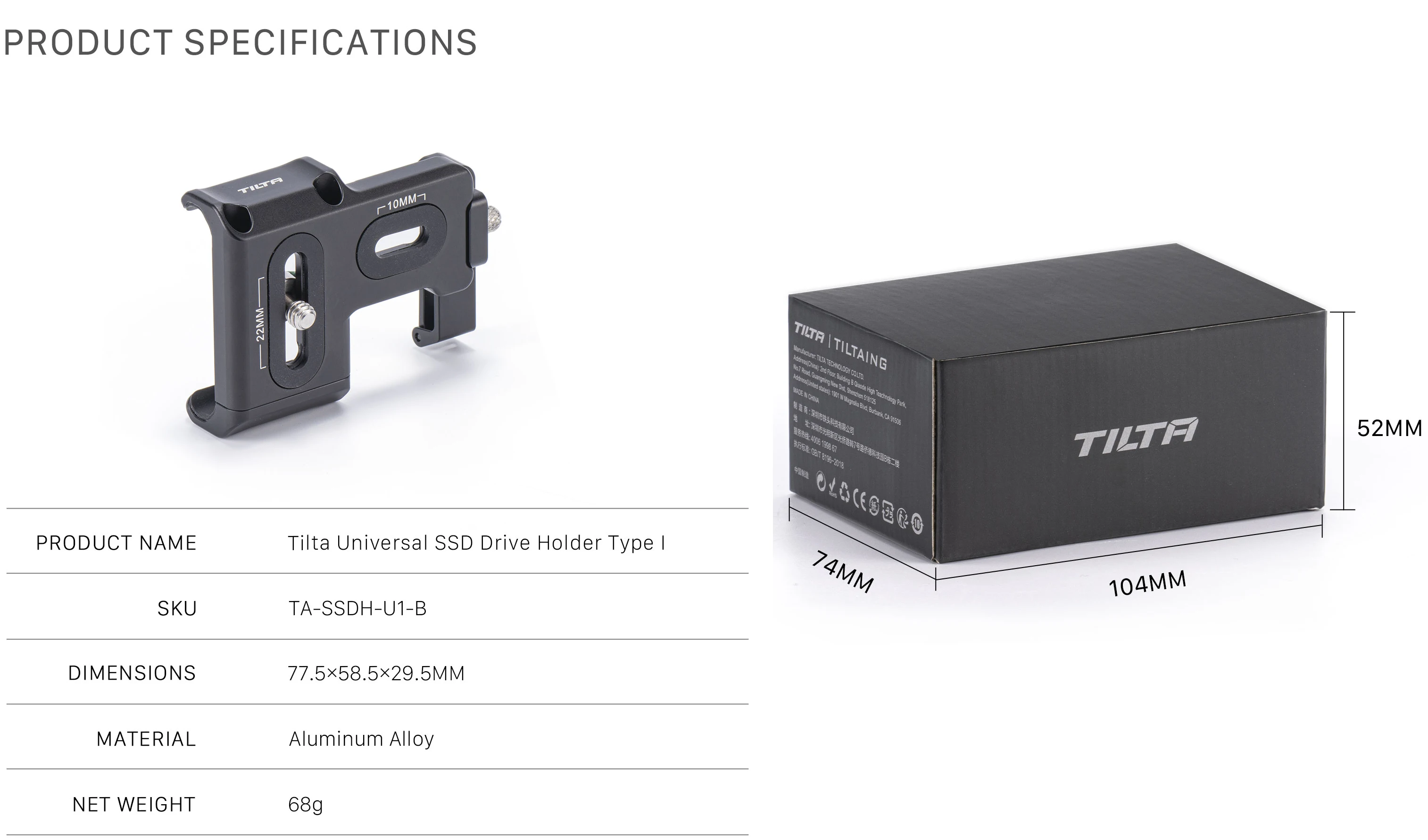 TILTA – support universel pour disque dur SSD de Type I, noir, pour Samsung  T5/T7 et
