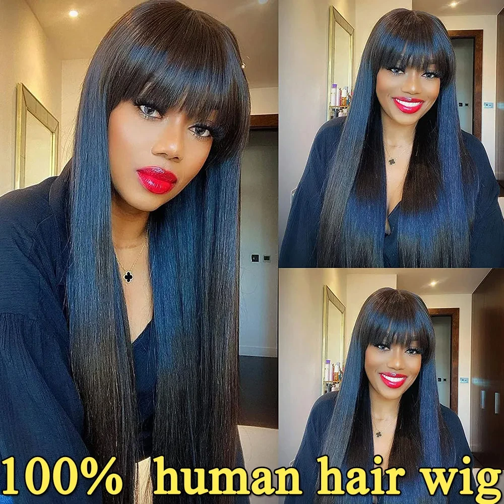 Brazilian Bone Straight Long 100% Human Hair Wigs With Bangs