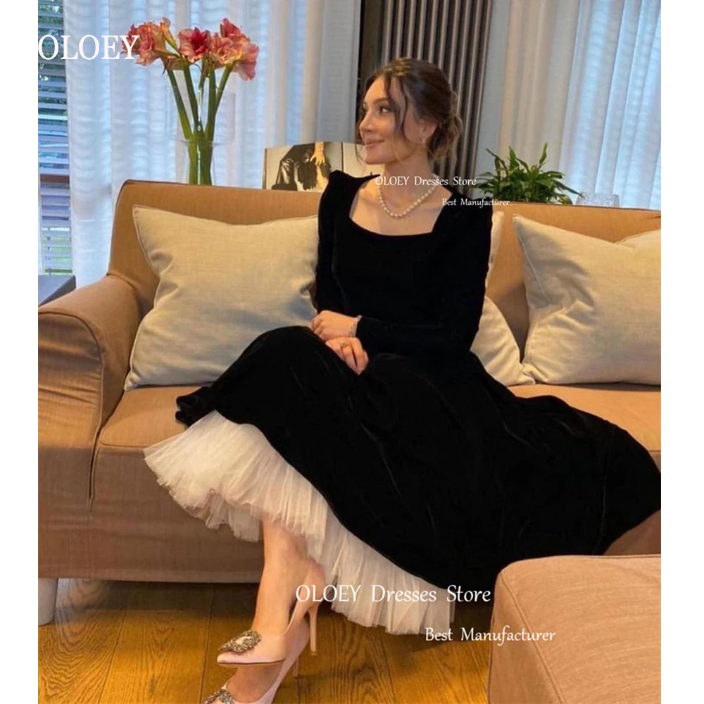 OLOEY Classic Black Velvet A Line Formal Evening Dresses Arabic Women Prom Dress Long Sleeves Square Neck Occasion Party eightree sexy royal blue mermaid evening dresses sheer neck prom dresses velvet formal party dress arabic aso ebi evening gown
