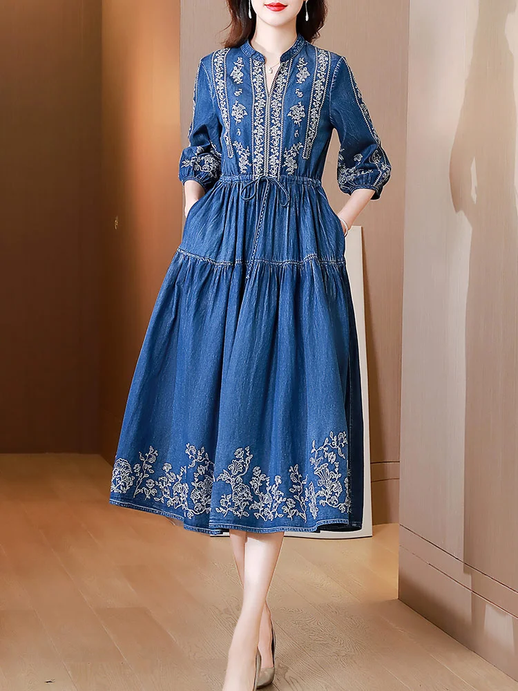 green emerald velvet dress Indigo Cotton Denim Fit and Flare Midi Strap Sleeve Dress 70" / Tall (5'7" and above)