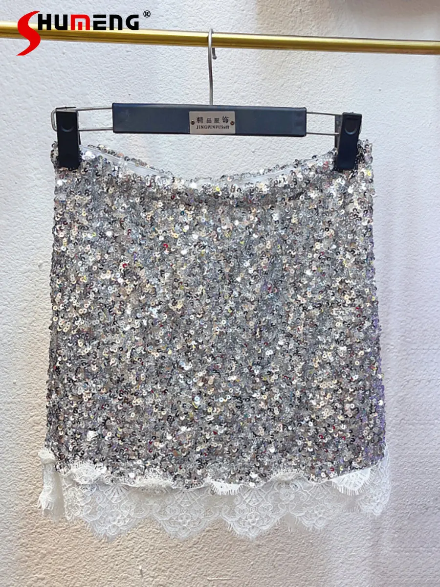 2023 Wiosna Lato Nowa Moda Damska Gorąca Dziewczyna Słodki Powyżej Spódnica Do Kolan Kobiety Streetwear Cekinowa Koronka Patchwork A-Line Spódnica