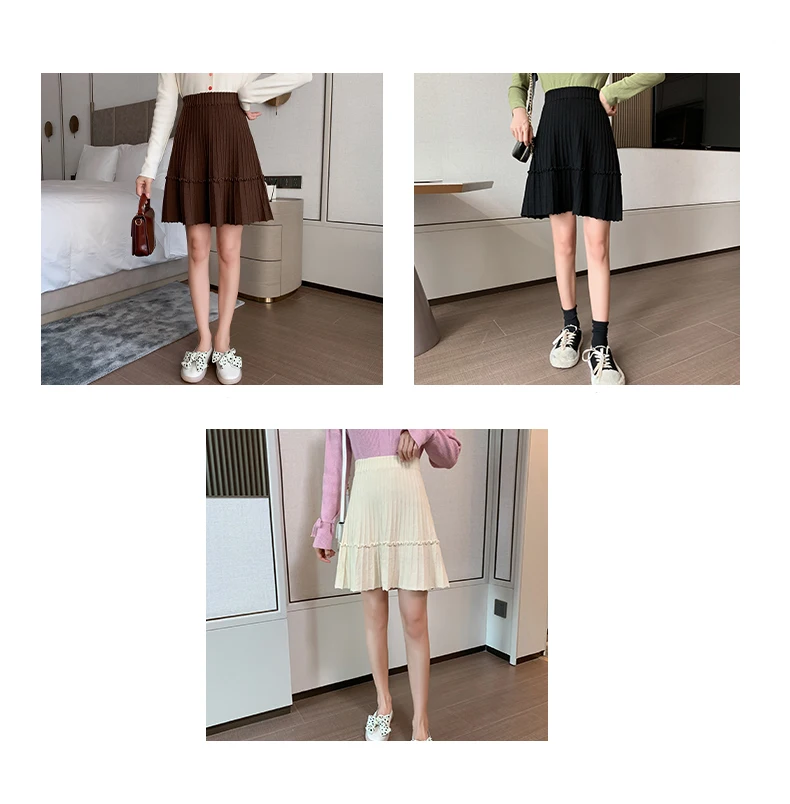 floral skirt 2020 Autumn Women Skirt Elegant Fashion Pleated Knitted Elastic High Waist Skirts Woman Casual Female A-Line Mini Skirt Winter maxi skirts for women