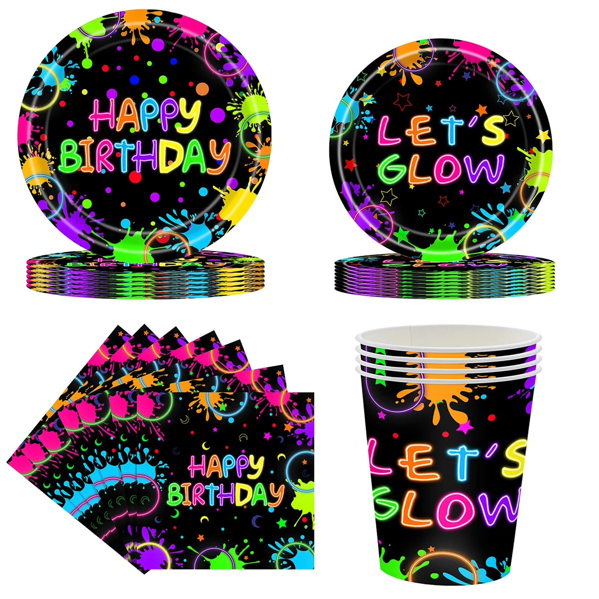 글로우 생일 축하 일회용 식기 빛나는 네온 테마 생일 파티 장식 어린이 베이비 샤워 생일 파티 용품 플레이트
