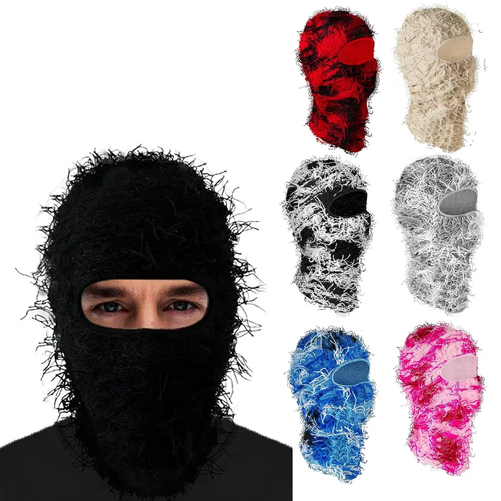 Knitted Fuzzy Halloween Ski Mask Full Face Fleece Fuzzy Balaclava Distressed