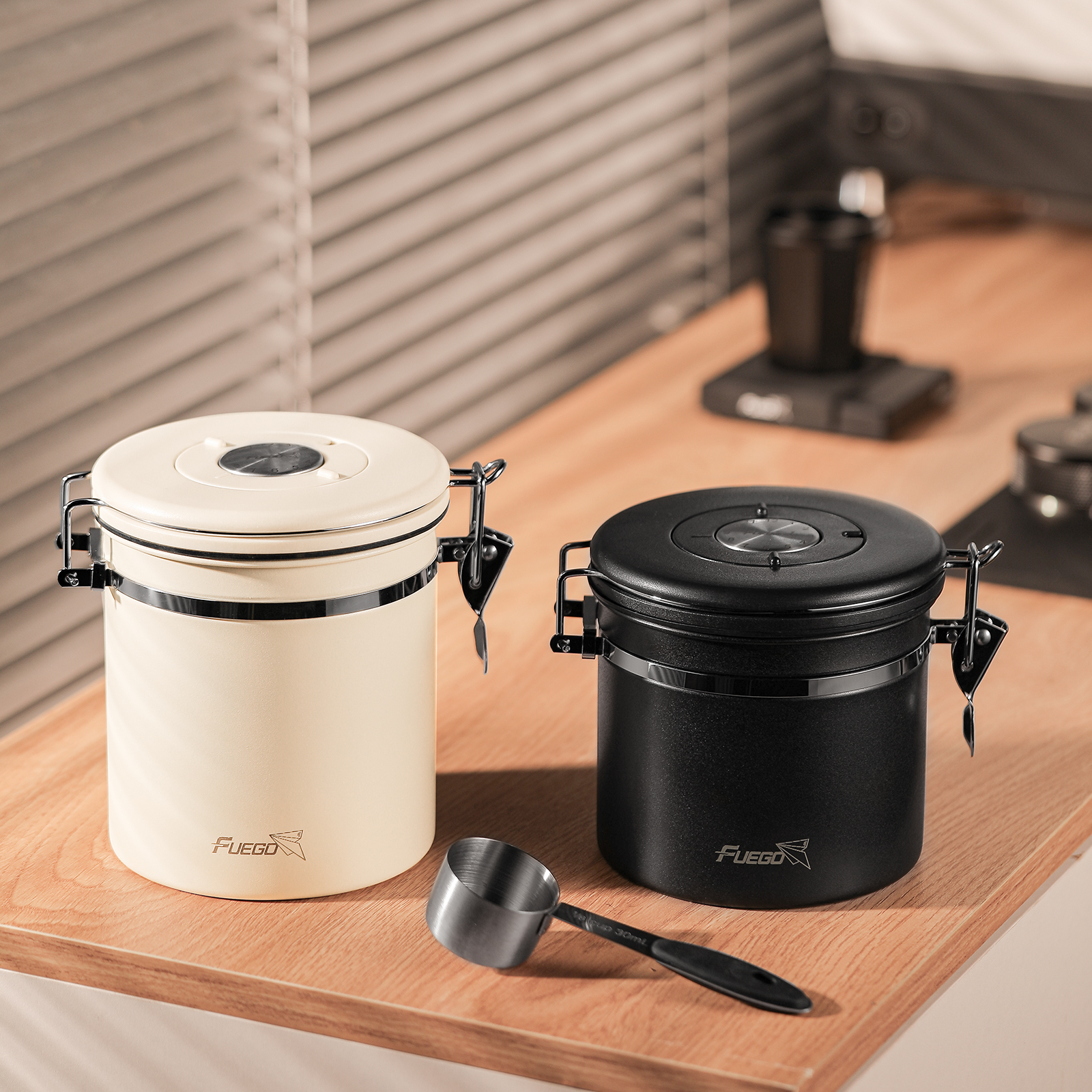 Fuego Coffee Canister Airtight Bean Container with Date Tracker Stainless Steel Kitchen Storage Box CO2 Valve Measuring Spoon