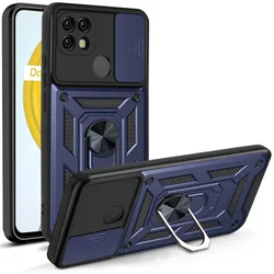 Shockproof Armor Case with Ring Holder and Slide Lens Cover Protection for Realme C61 4G (Blue)