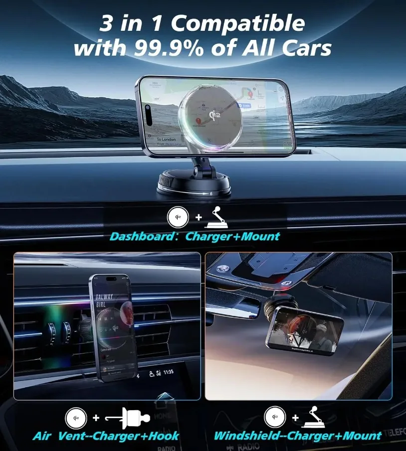 QI2 Cooling RGB Magnetic Wireless Car Charger Fast Charging Radiator Vacuum Suction Cup For Magsafe iPhone 17-12 Phone Holder