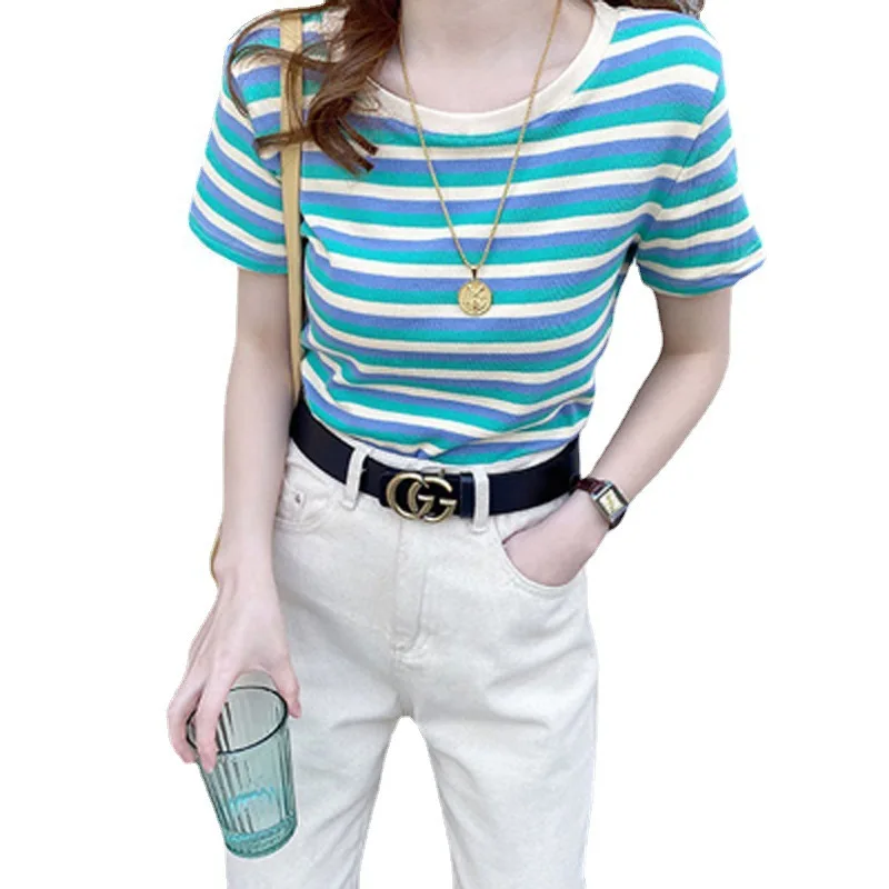 Women Striped Short Sleeve Slim Fit Tshirts