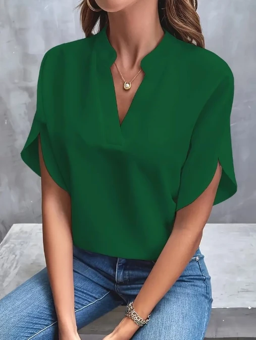 Casual Solid Color V-Neck Irregular Sleeve Design, Loose Fitting Shirt, New Top for Women's Summer Wear, Daily Commuting Wear