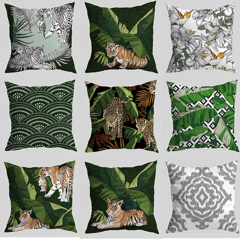 

Green plant tiger pillow cover American geometric printing home pillow sofa bedside cushion cover