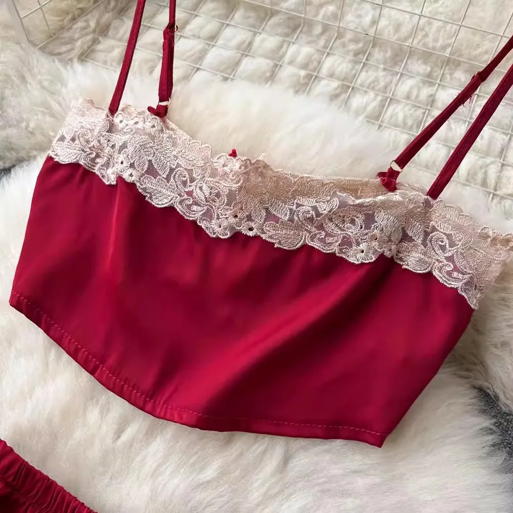 CHILLGIO femmes Pamas costumes été Sexy dentelle florale Patchwork Camisole fendu Shorts Vintage mode deux pièces glace soie_voghion.com