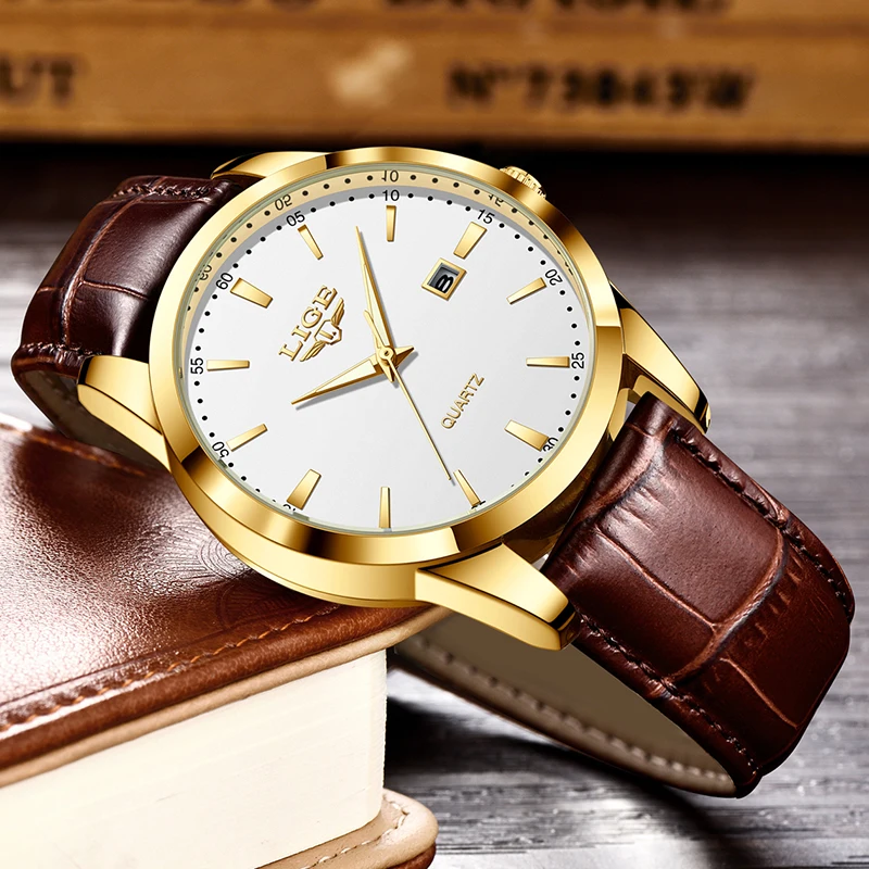 Montre Homme LIGE New Luxury Brown Leather Watch Men Fashion Business Watch Men Outdoor Sport Waterproof Quartz Men's Watches