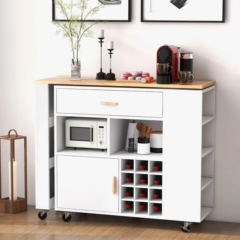 high-qualityMobile Kitchen Island Cart, 4-in-1 Reversible Serving Cart Bar Table Combo, Storage Cart on Wheels w/Rubber Wood Top