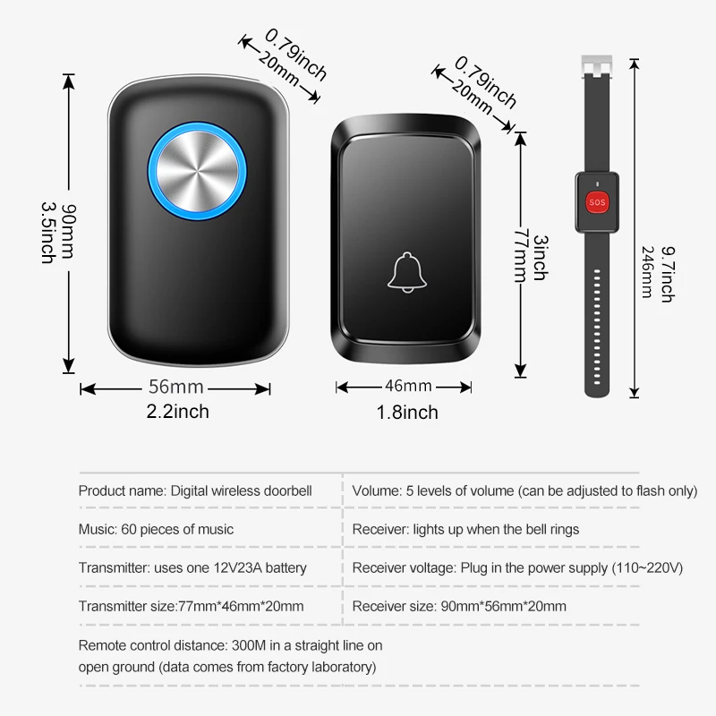 SOS Panic Call Button Smart Wireless Doorbell Watch Style Call Button Caregiver Pager Secure Alarm System For Patient Elderly