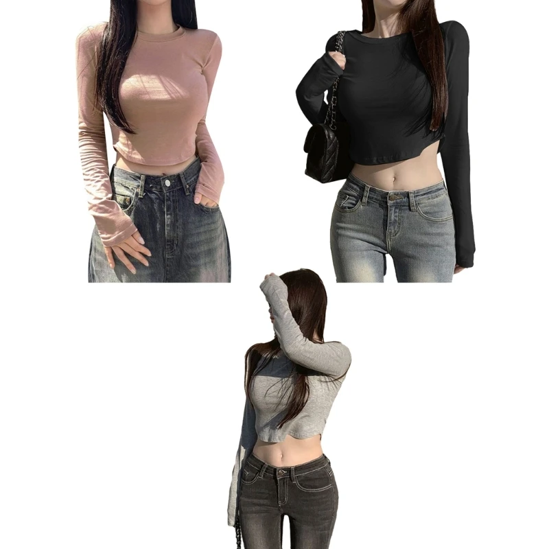 

Женский укороченный Топ с длинным рукавом и круглым вырезом