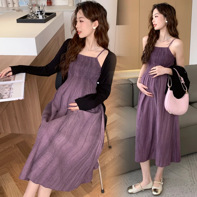 Spring Maternity Dress Suits Long Sleeve Cardigans Strap Dress Twinset Pregnant Woman Clothing Set