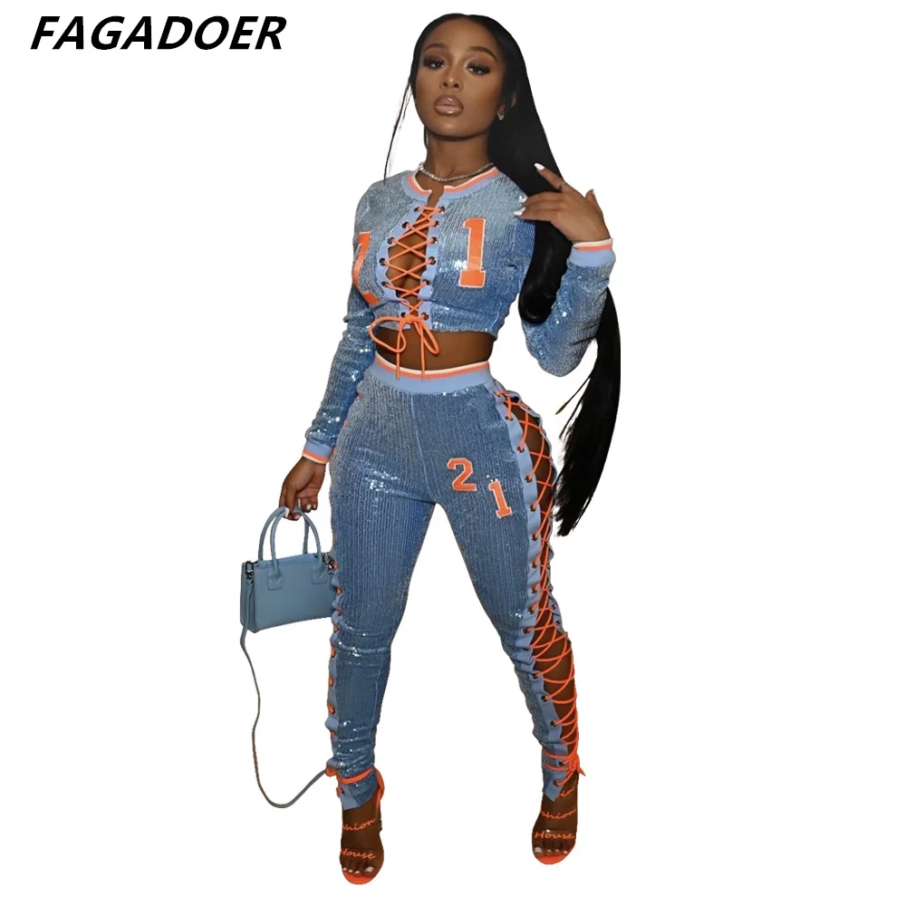 Fagadoer Sporty Fashion Sequined Dress Side Hollow Out Lace-up