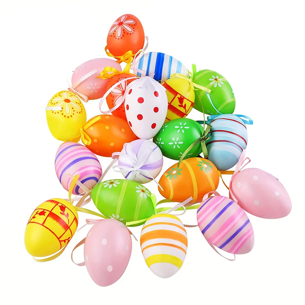

32Pcs Easter Hanging Eggs Colorful Easter Eggs Hand Painted Hanging Ornaments Plastic Hanging Egg Ornament Flower Painted