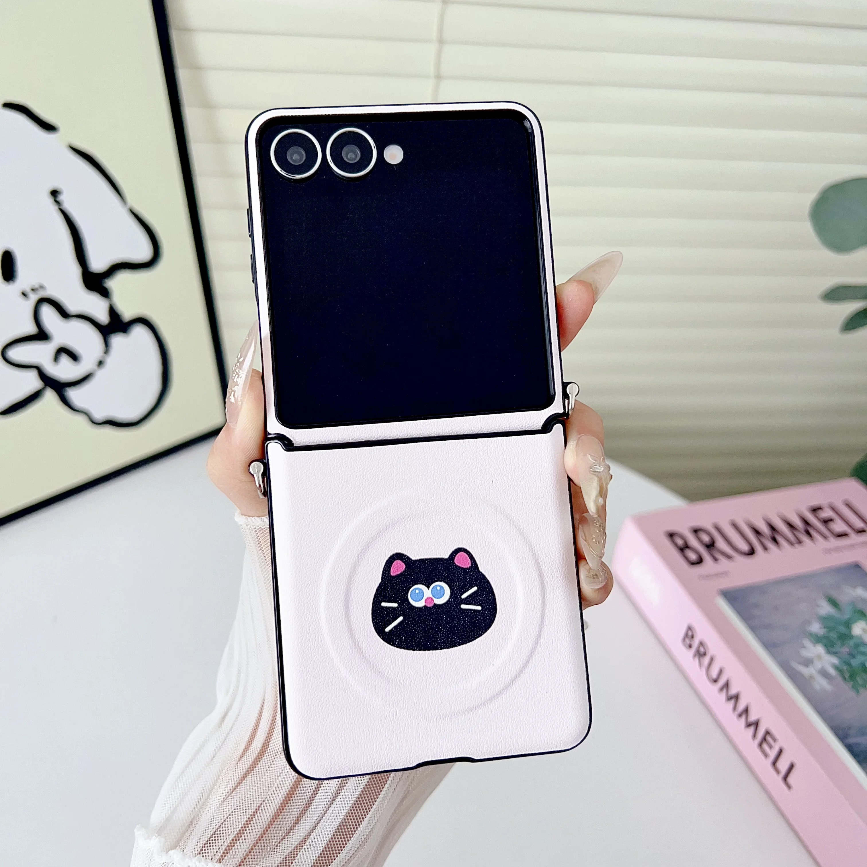 Magnetic Bracket Leather Cartoon Phone Case with Protective Lanyard Cover