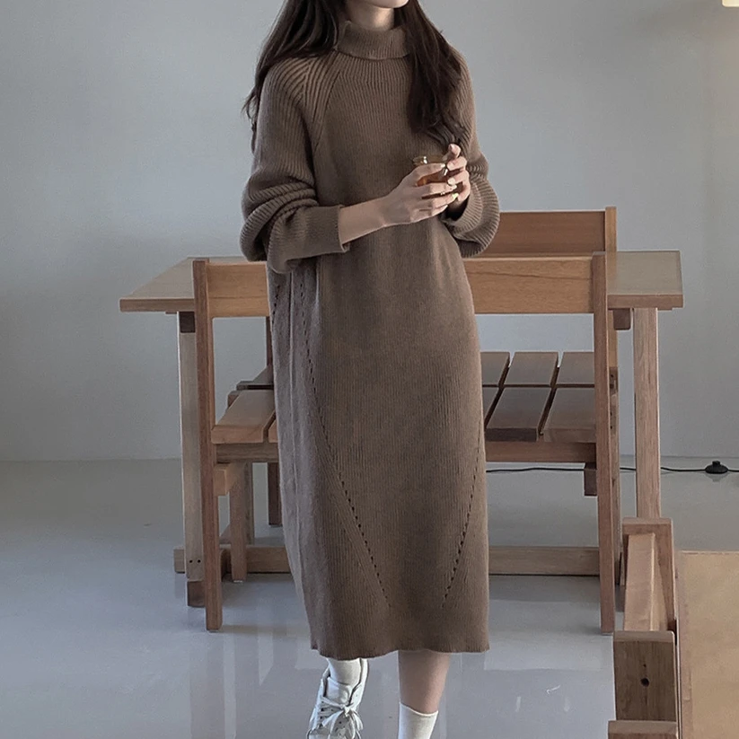 

Winter Thicken Knitted Dress Women Elegant 2023 Autumn Turtleneck Loose Long Sweater Dresses Vestido Korean Knit Clothing