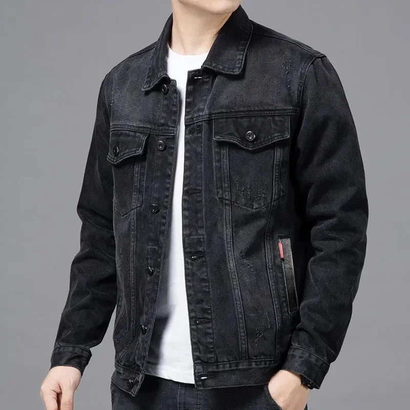 Men Black Denim Jacket Streetwear Spring Autumn Vintage Casual Long Sleeves Top Fashion Turndown Collar Loose Coat