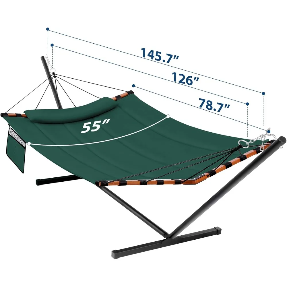 12FT 2 Person Hammock with Stand - Large 55 x 79IN, 450LB Capacity, Hardwood Spreader Bar & Nylon Rope for Outdoor Relaxation 6
