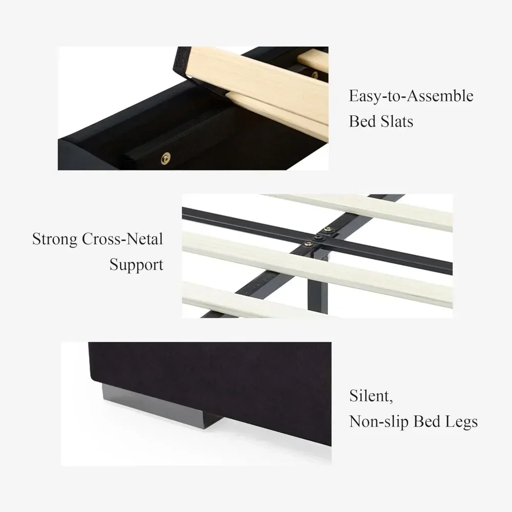 Luxury Bed Frame with Built-in Gold LED Lights and Nightstands,Platform Bed with Oversize Upholstered Headboard for bedrooms 6