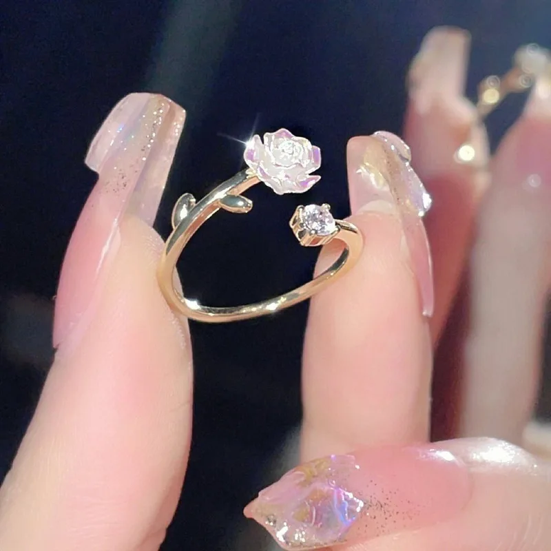 Vintage róża pierścienie kwiatowe dla kobiet koreański styl regulowany Sakura księżniczka Ring Finger ślub panny młodej biżuteria na przyjęcie zaręczynowe