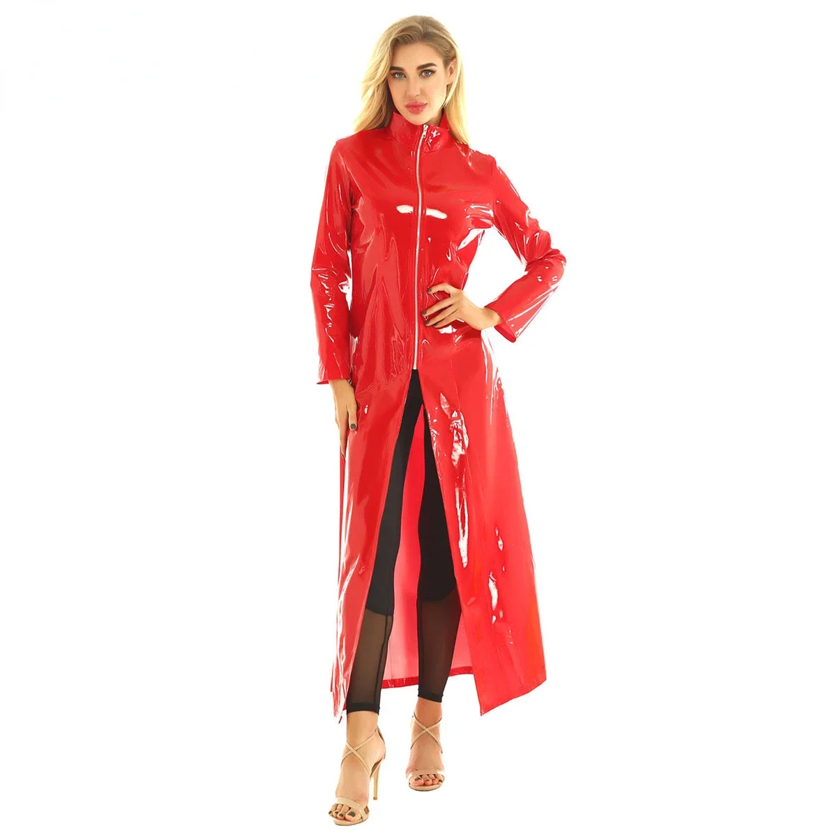 High Neck PU Leather Windbreaker Women PVC Wetlook Coat Long Sleeve Jacket Ladies Clubwear Zip Costume Pole Dancing New Custom