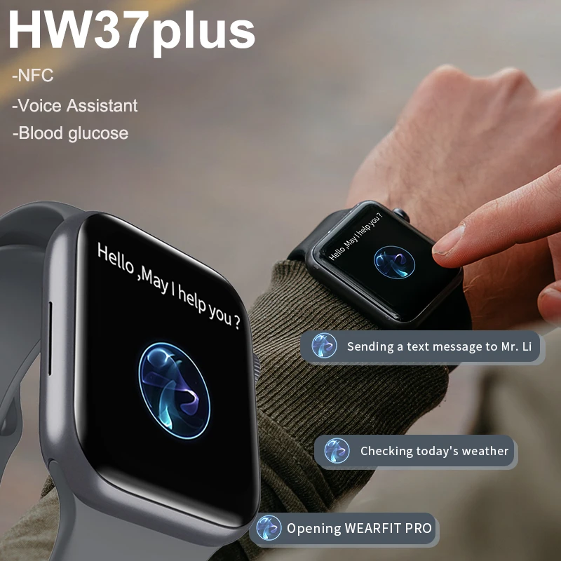 Smartwatch HW37plus Smart Watch NFC Waterproof Men 45mm Voice Assistant Blood Glucose Bluetooth Call PK HW22 W66 IWO13 DT100