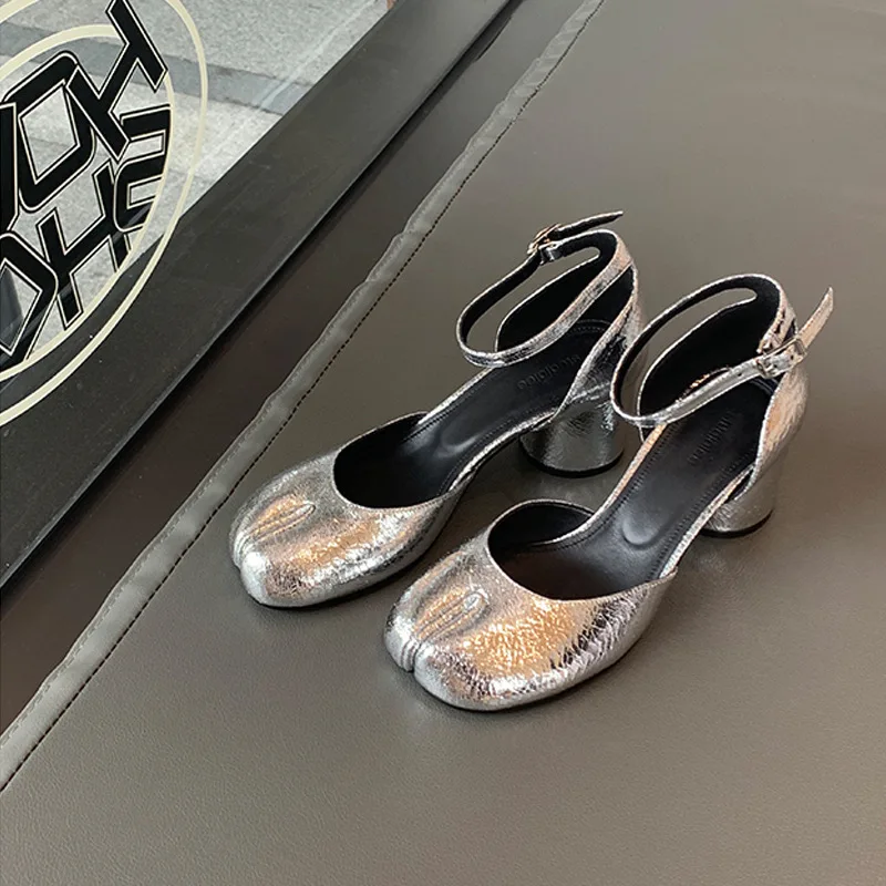 Brand Designer Tabi ninja high heels shoes woman ankle strap silver crack leather pumps split toe D'orsay mary janes shoes woman 6