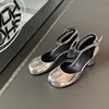 Brand Designer Tabi ninja high heels shoes woman ankle strap silver crack leather pumps split toe D'orsay mary janes shoes woman 6