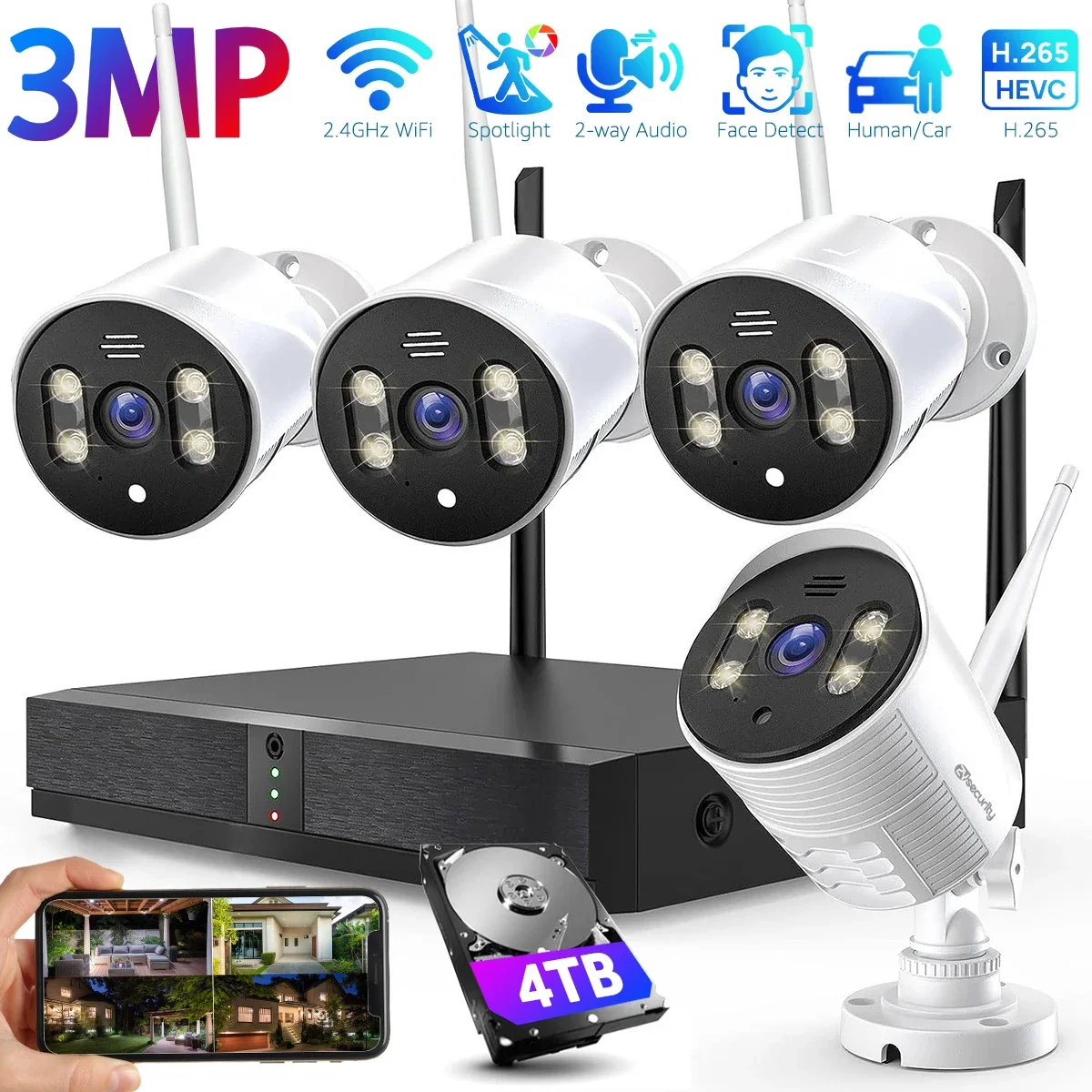 

Комплект наружных IP-камер видеонаблюдения, 4 канала, Wi-Fi, 3 Мп/1080P