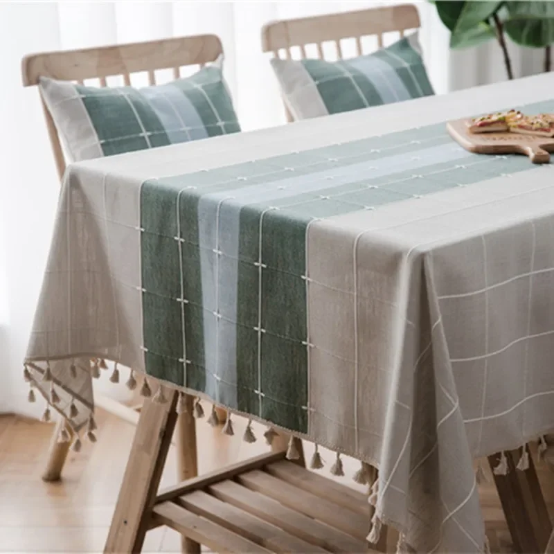 

Three-tone Plaid Decorative Linen Tablecloth With Tassel Waterproof Oilproof Thicken Rectangular Wedding Dining Tea Table Cloth