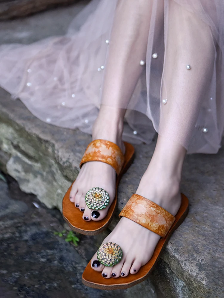 

Artmu Genuine Leather Flip Flops Women Slippers Shoes Flats Summer Beach Sandals Outdoor Slippers Casual Green Ladies Slides