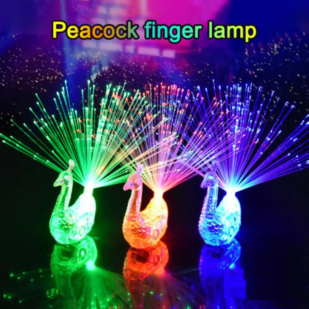 1pc Peacock Finger Light Colorful LED Light Rings Party Gadgets Kids  Intelligent Toys Finger Discoloration Peacock Fiber Optic Light with