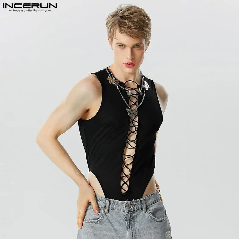 

INCERUN Men Bodysuits Solid Color Shiny Sleeveless Lace Up Sexy Rompers Men Tank Tops 2023 See Through Hollow Out Bodysuit S-5XL